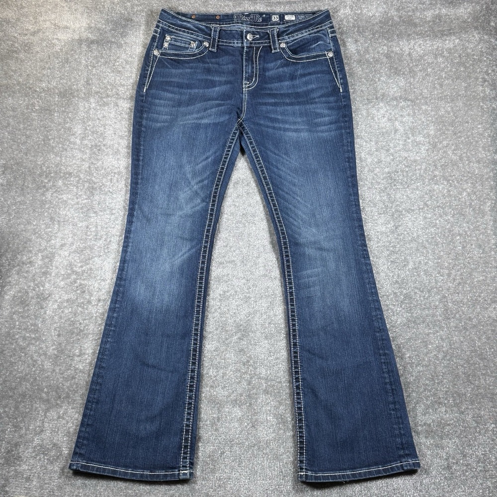 Miss Me Jeans Women's 33 Blue Denim Mid‎ Rise Bootcut Distressed Embroidered